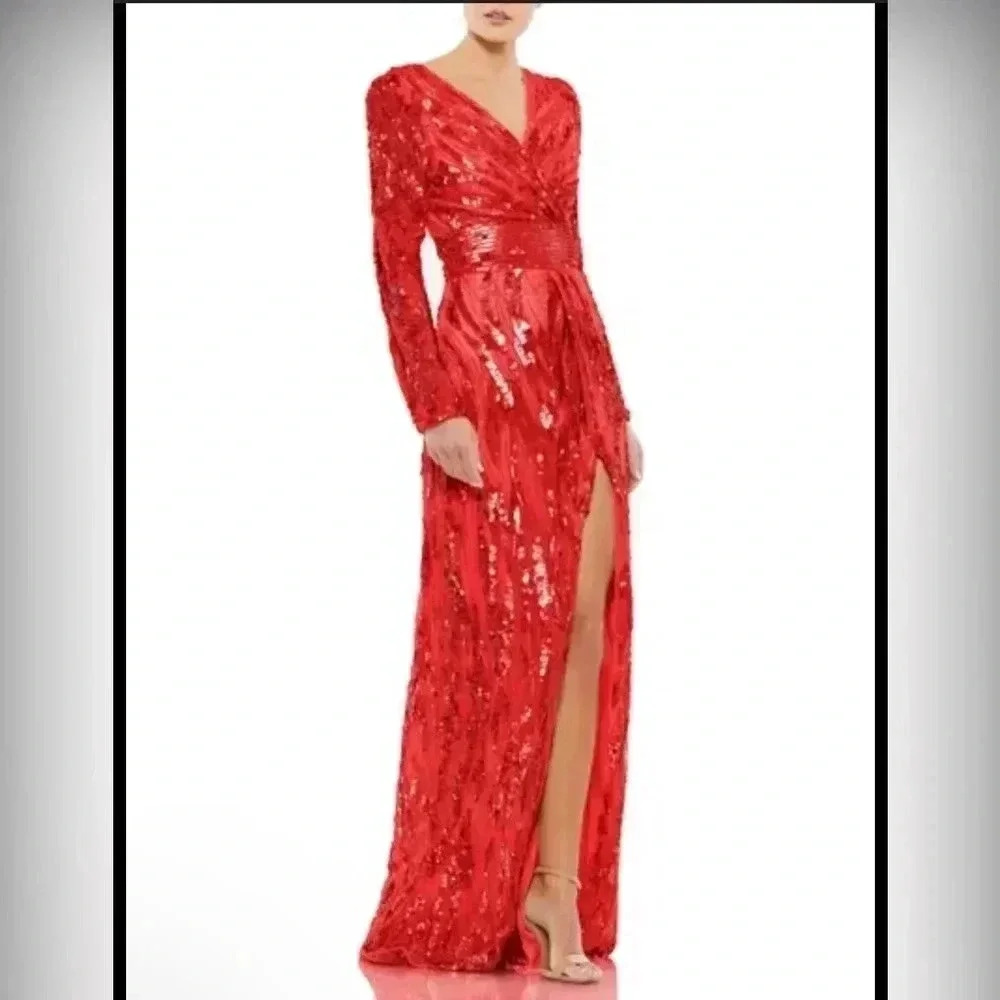 MAC DUGGAL 4635 Embellished Faux Wrap Open Back Maxi Gown Red Size 10 NWOT